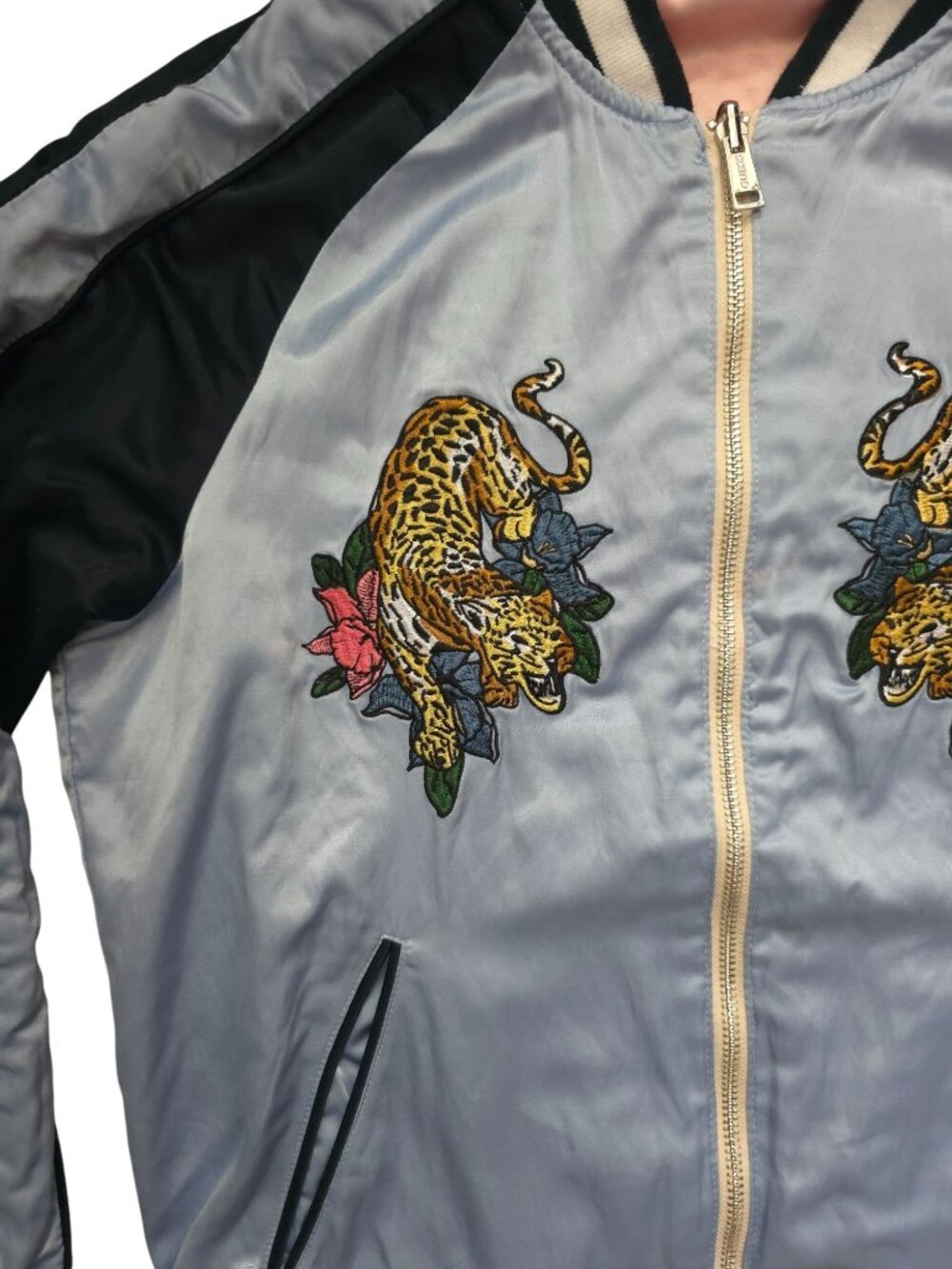 Guess Shirley Reversible Embroidered Tiger & Flamingo Satin Bomber Jacket Sz M - Picture 10 of 14